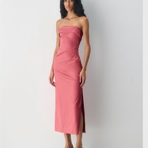 Strapless Rose Pink Midi Dress with Side Slit